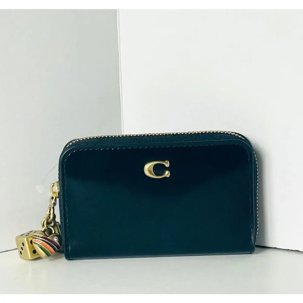 Coach Essential Small Zip Around Wallet Black Spazzolato Leather Charms CCD82